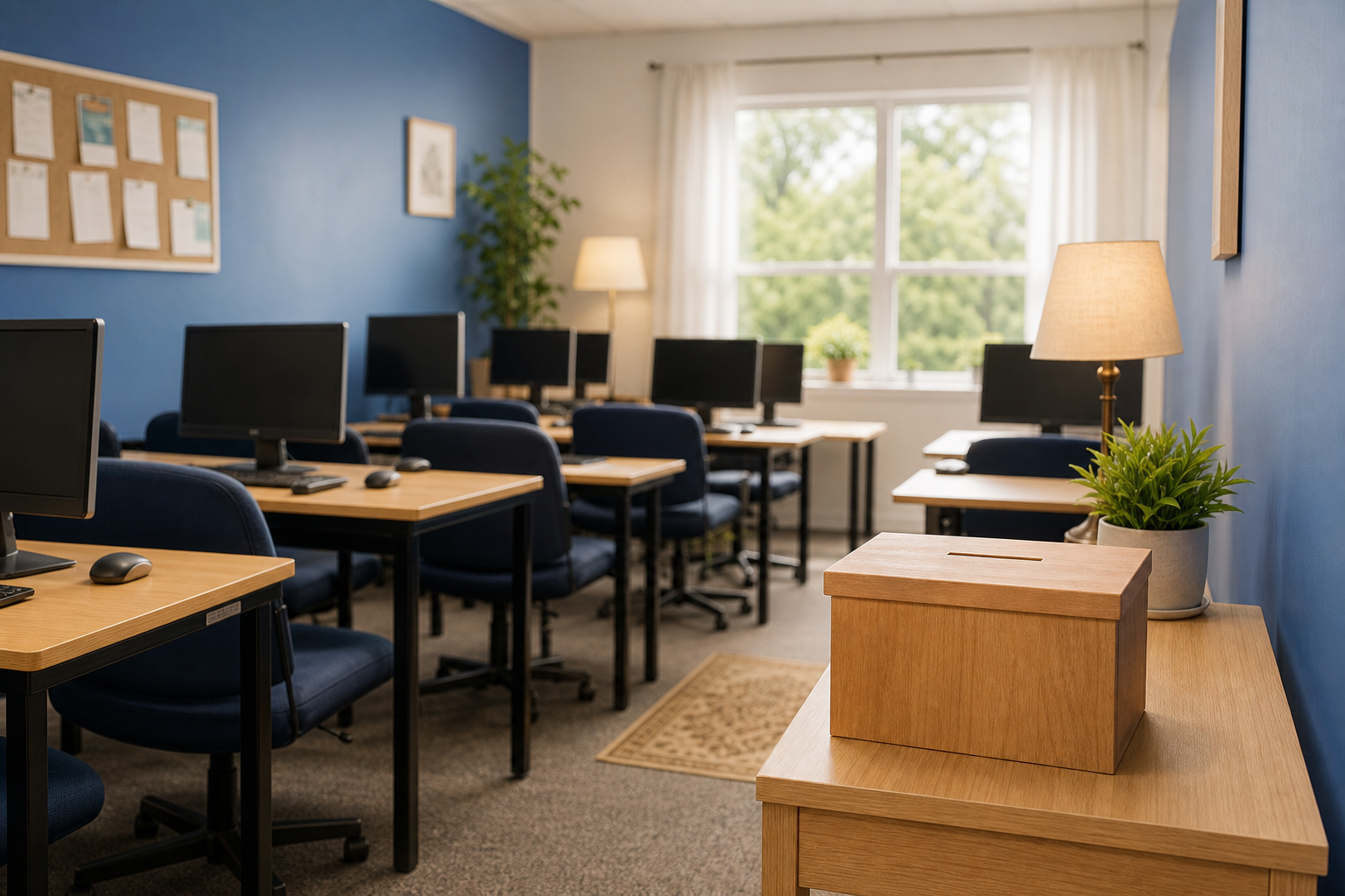 Prepared computer training room with a support box